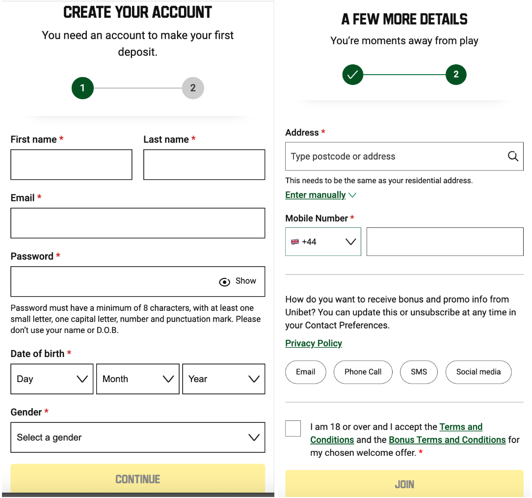 Unibet's registration process, with fields for name, email, password, DOB and gender on the first page, and address, phone number and marketing preferences on the second page